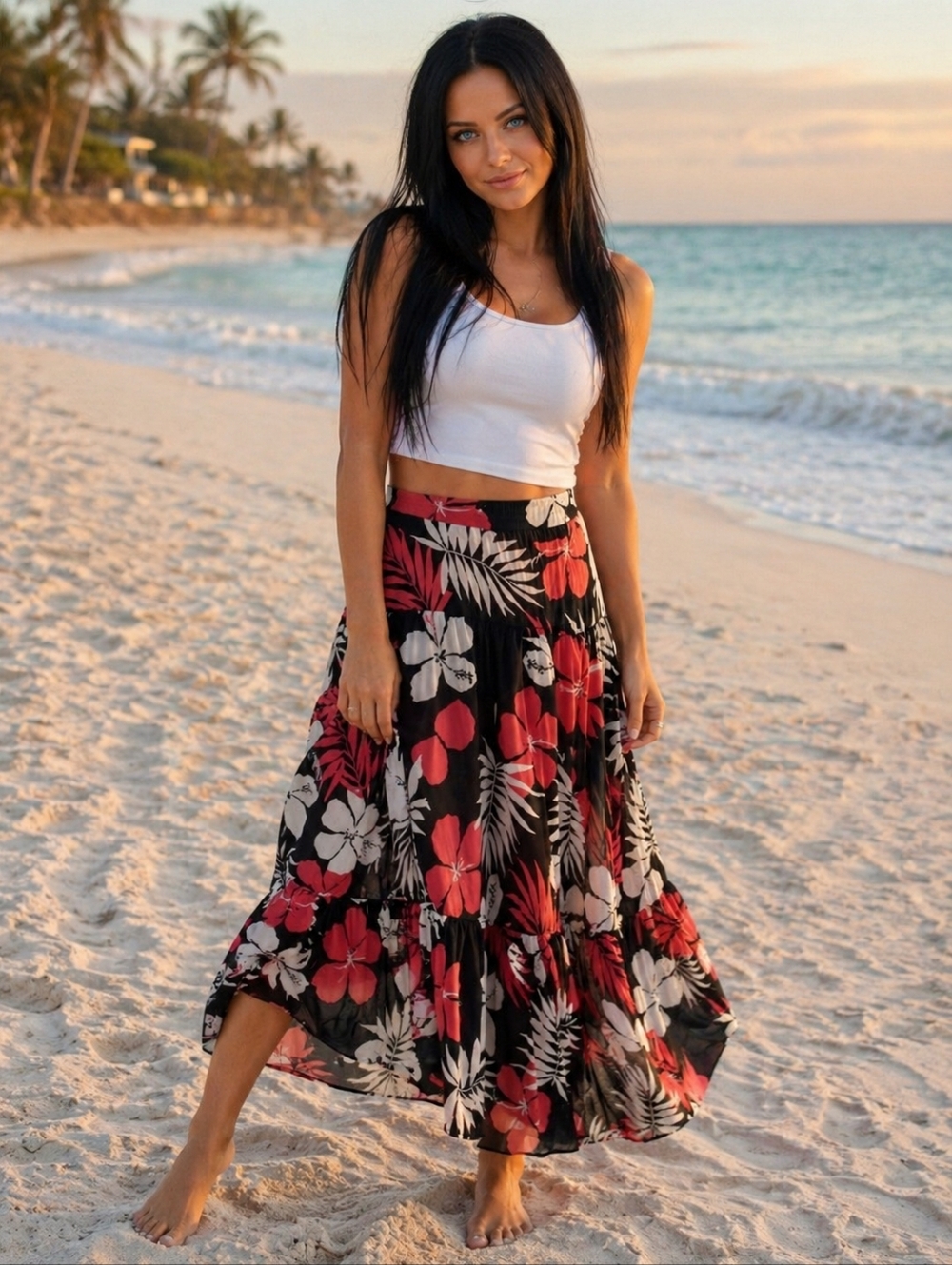 EUC Kaktus Size M Vtg Tropical Sheer Red Black White Hibiscus Flowy Skirt!